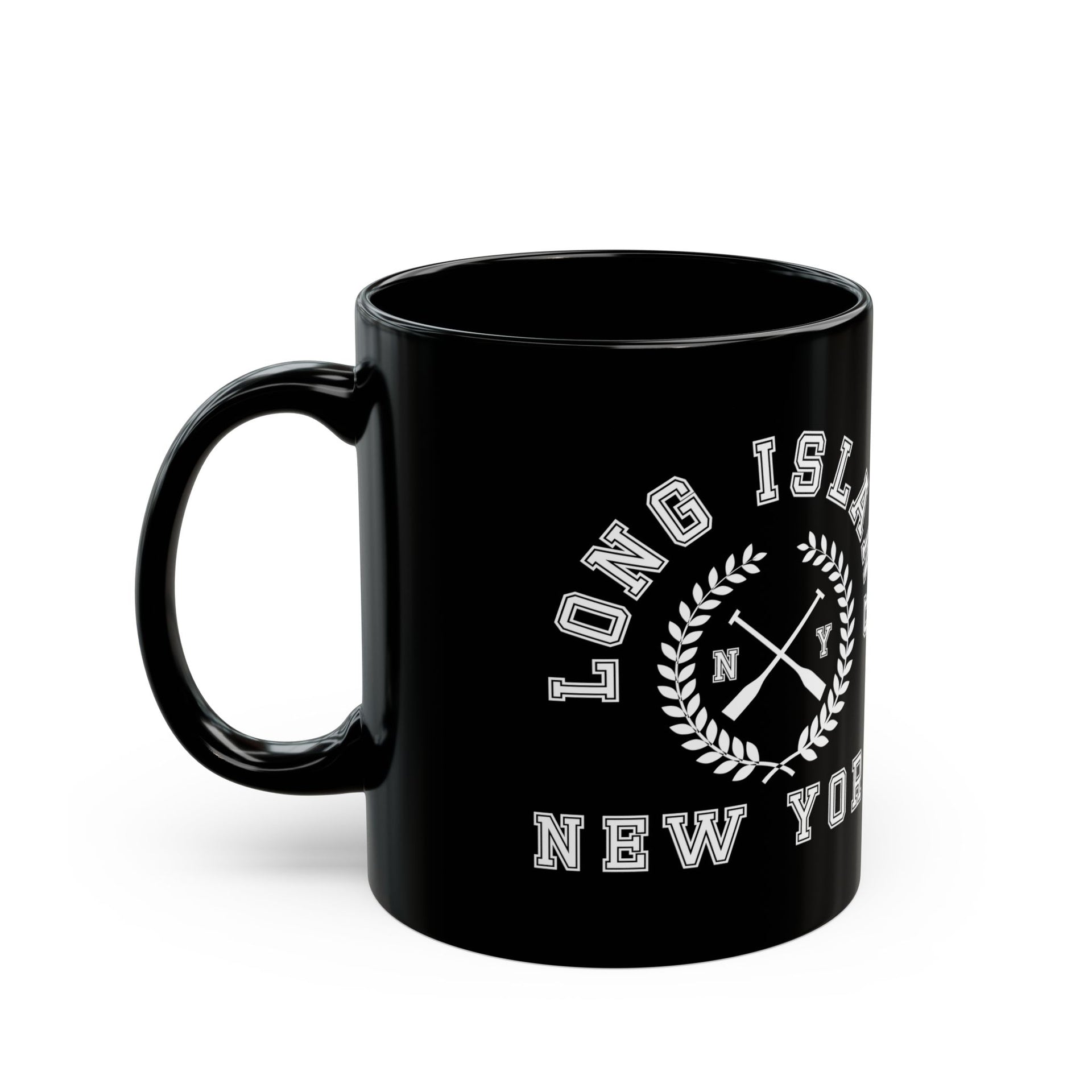 Long Island NY Crossed Oars Black Mug