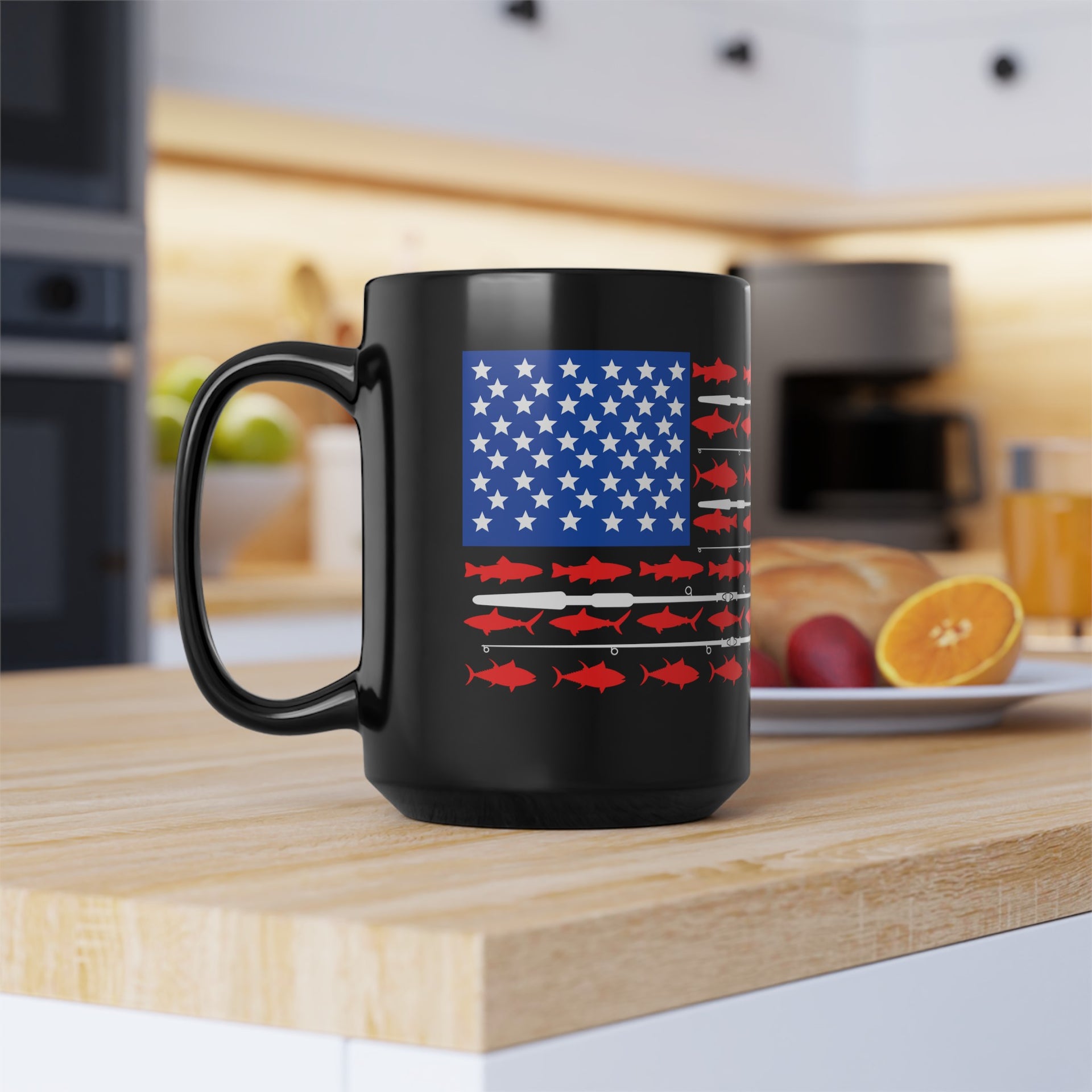 American Flag Fish Black Mug