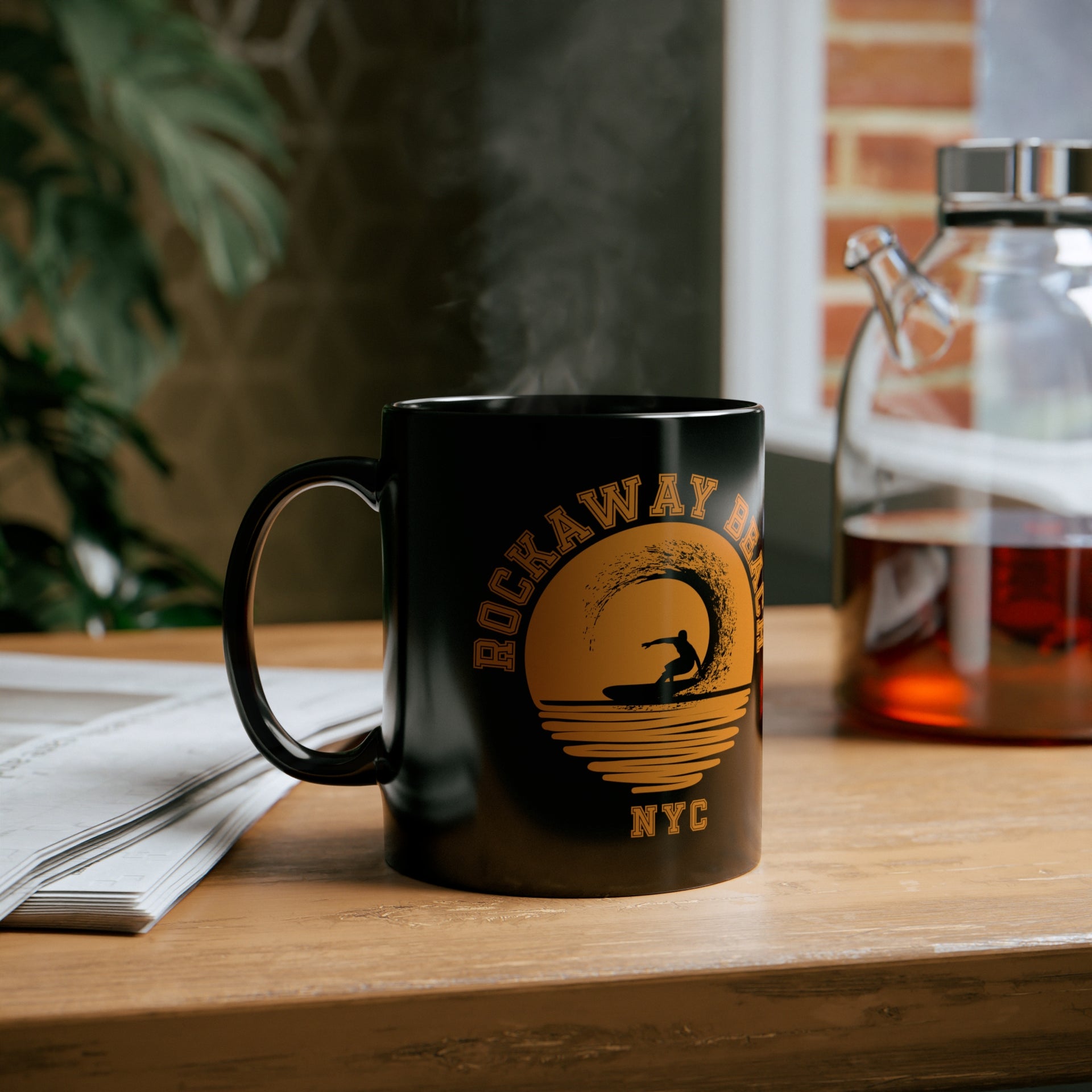 Rockaway Beach Surfing in the Sun NYC 11oz Black Mug