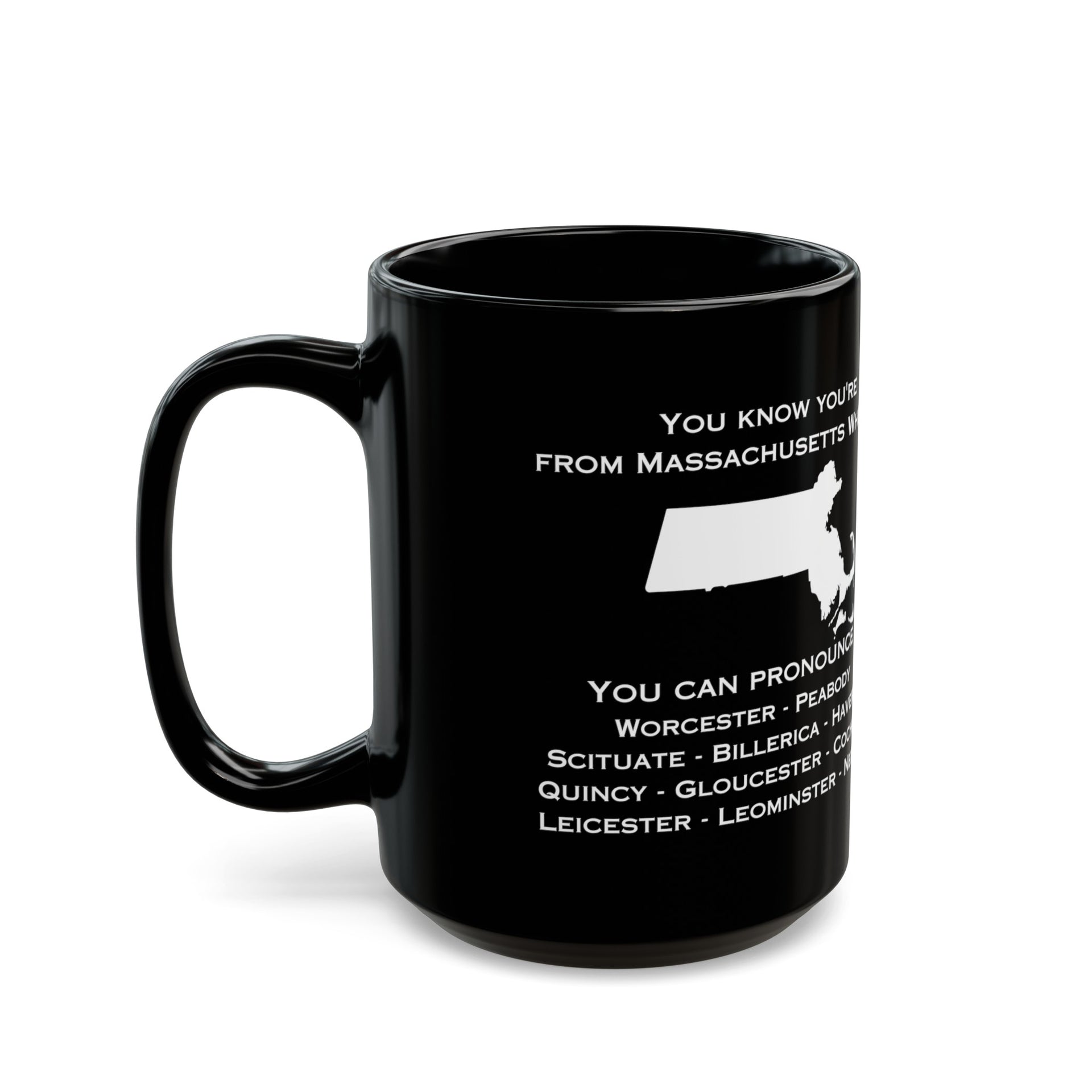 Massachusetts City Names Black Mug